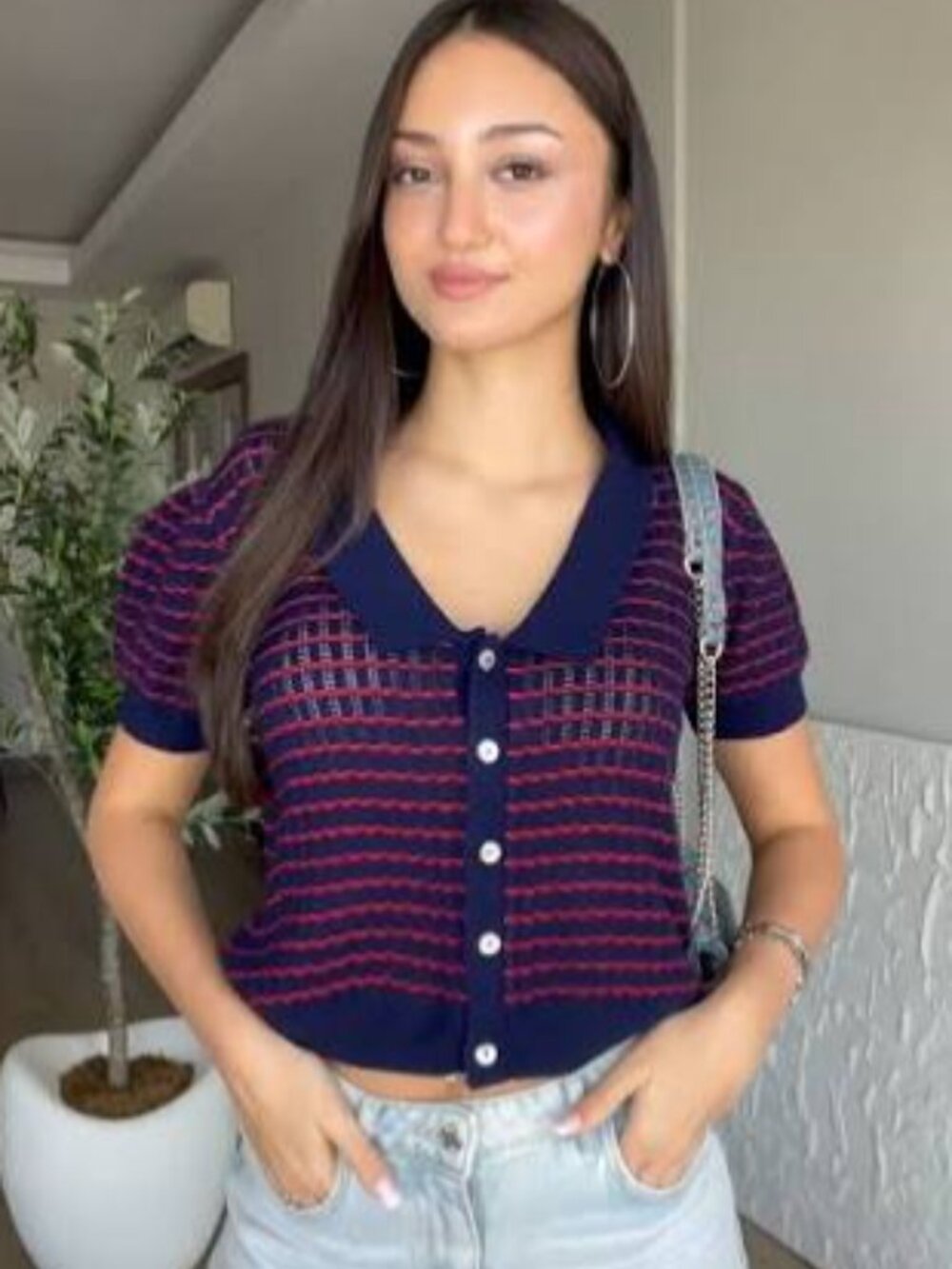 Zara Short Sleeve Knit Polo Shirt Cardigan navy Blue & Pink Small